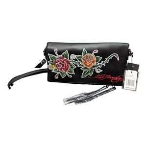 Ed Hardy Folded Bag/clutch/Crossbody Rhinestones Roses. 2 Compartments.
